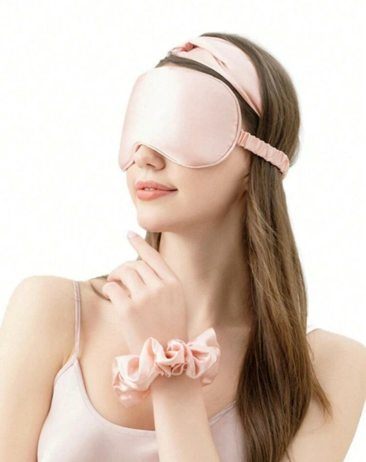 Pink Sleeping Mask Set 4Pcs: Eye mask, headband, scrunchie and a bag