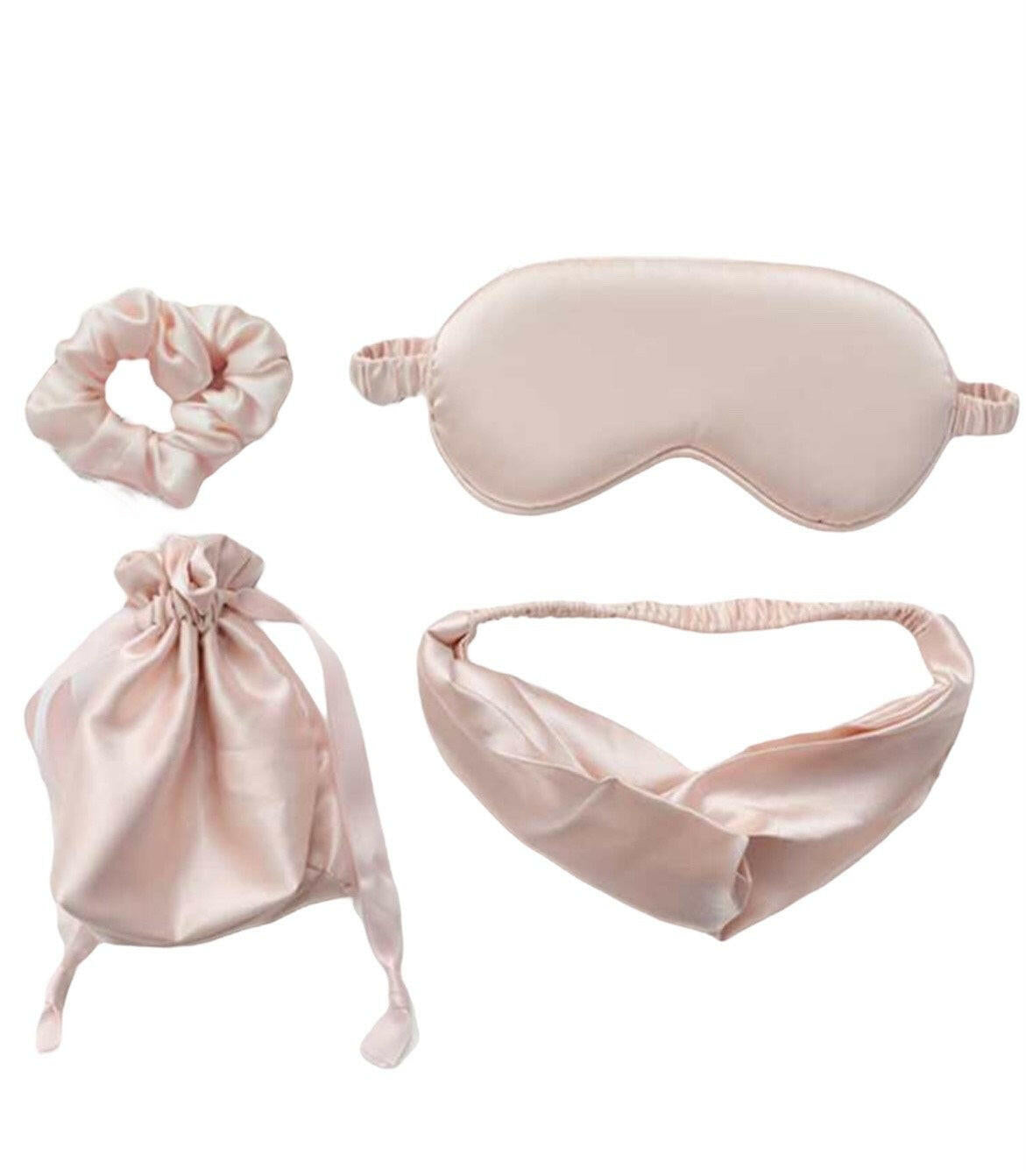 Pink Sleeping Mask Set 4Pcs: Eye mask, headband, scrunchie and a bag