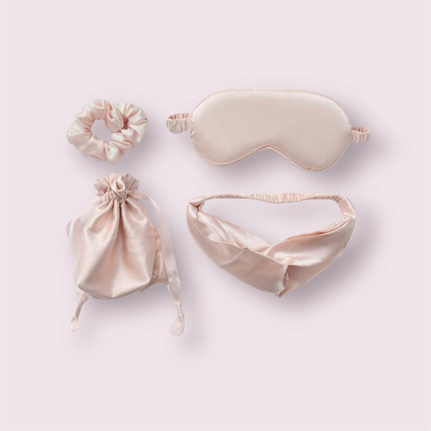 Pink Sleeping Mask Set 4Pcs: Eye mask, headband, scrunchie and a bag